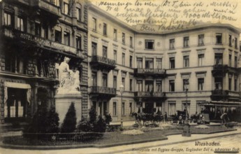 Historical postcard, picture postcard, Kranzplatz in Wiesbaden, Hesse, Germany, digitally enhanced