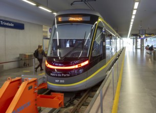Metro do Porto tram train at Trindade station, Porto, Portugal, Europe destination Aeroporto