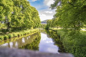 A calm river, surrounded by green trees, reflects the blue summer sky, Nagold, Black Forest,