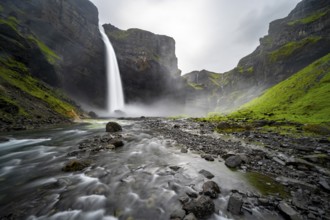 Haifoss and Granni waterfall at a canyon, Fossá í Þjórsárdal, with river í Þjórsárdal, long