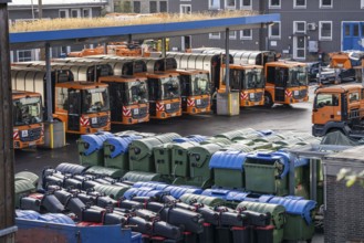 Hagener Entsorgunsbetriebe depot, refuse lorry, various refuse bins, containers, North