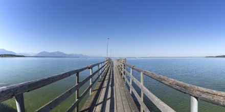 Wooden jetty and landing stage, Chieming, Chiemsee, Chiemgau, Bavaria, Germany, Europe