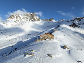 SAC Alpine Club hut in winter, Chamanna d'Es-cha, Pitz Blaisun, Albula Alps, Grisons, Switzerland,