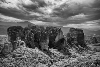 Rocky landscape, mountains, Metéora monasteries, Kalambaka, black and white, Trikala, Thessaly,