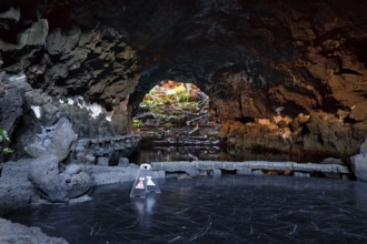Underground salt lake in a cave, art and cultural site, Jameos del Agua event venue, lava tube,
