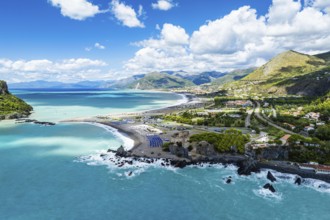Praia a Mare from a drone, Tyrrhenian Sea, Cosenza, Calabria, Italy, Europe