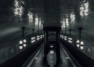Black and white photograph, interior shot, Märkisches Museum underground station, Berlin, Germany,