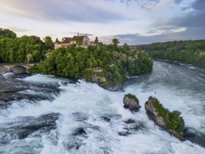 Laufen Castle with Rhine Falls, aerial view, Neuhausen, Canton Schaffhausen, Switzerland, Europe