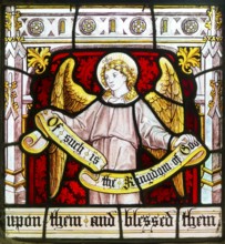 Detail of angel on stained glass window 'Suffer the Little Children' by Burlison & Grylls c 1880,