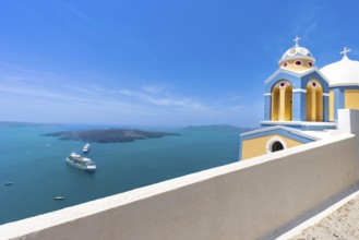 Greece Islands, scenic panoramic sea views of Santorini island from top outlook of Fira village