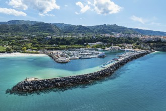 Port and Marina in Tropea from a drone, Tyrrhenian Sea, Calabria, Italy, Europe