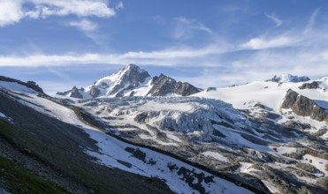 High alpine mountain landscape, summit of the Aiguille de Chardonnet and Glacier du Tour, glaciers