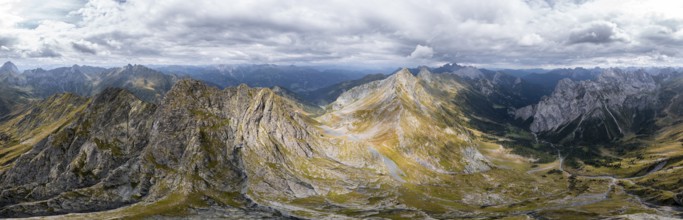 Aerial view, Alpine panorama, Raudenspitze and Carnic High Trail, Carnic Main Ridge, Carnic Alps,