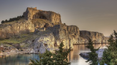 Early morning light, Acropolis of Lindos, Bay of St Paul, Lindos, Rhodes, Dodecanese, Greek