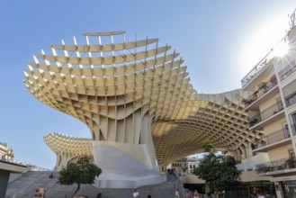 Imposing wooden construction of the Metropol Parasol in strong sunlight between city buildings,