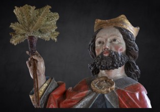 Head of Christ, detail of the palm donkey on a black background, wooden figure from around 1470,