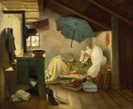 The Poor Poet, Painting by Carl Spitzweg, Historic, digitally restored reproduction from a 19th