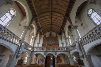 Interior with organ loft of St. Johannis Church, Forchheim, Upper Franconia, Bavaria, Germany,