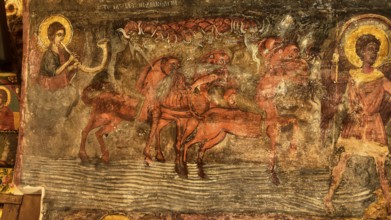 Antique fresco with depictions of saints, camels and biblical scene, Asklipio village, Asklipion,