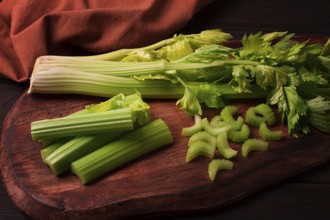 Fresh bunch of celery, top view, no people, on a dark background