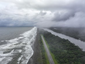 Aerial view, beach and sea, coast with rainforest, Tortuguero National Park, Costa Rica, Central