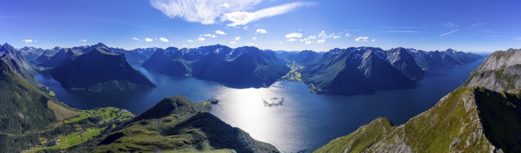 Panoramic aerial view of the Hjørundfjord, from inner fjord to the open sea, Norway, Europe