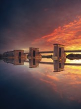 View of the Langwedel hydroelectric power station at sunset, Langwedel, Verden, Lower Saxony,