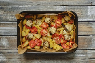 Overhead view of roasted potatoes, mushrooms and tomatoes garnished with melted cheese, arranged in