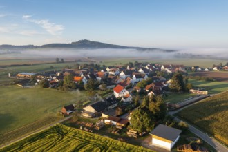 Sunrise with fog, Unlingen, behind Bussen, Swabian Alb, Upper Swabia, Swabia, Baden-Württemberg,