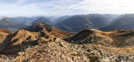 Mountain panorama at Kreuzjoch summit, view of Tschirgant summit and the Oberinntal valley and into