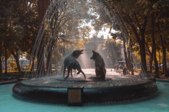 Coyoacan, Mexico City, Mexico-20 April, 2019: Drinking coyotes statue and fountain in Hidalgo