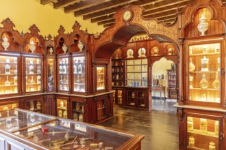Antique apothecary museum with illuminated wooden display cases full of jars, Jerez