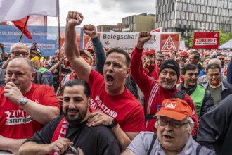 Demonstration by many thousands of steelworkers in front of the ThyssenKrupp headquarters in Essen
