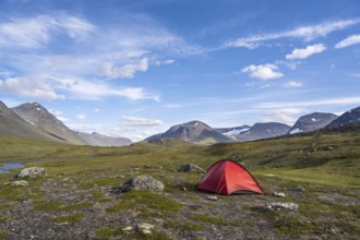 Tent in mountain landscape, Sarek National Park, World Heritage Laponia, Norrbotten, Lapland,