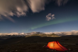Tent in mountain landscape, Sarek National Park, World Heritage Laponia, Norrbotten, Lapland,