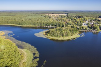 Aerial view of island in lake Granzower Möschen, Mecklenburg lake district, Mecklenburg-Vorpommern,