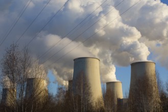 Steam rises from the cooling towers of the Vattenfall power plant in Jänschwalde, power lines and
