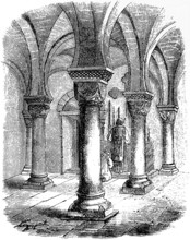 Crypt under the tower of the church in Göttingen, Germany, columns, vault, altar, church