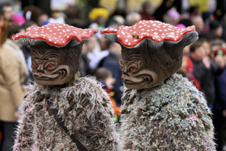 Two people masked as toadstools at the carnival parade of the Wey guild on Rose Monday,