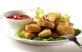 Fried chicken breast nuggets, on lettuce leaves, with tomato sauce, horizontal, no people,