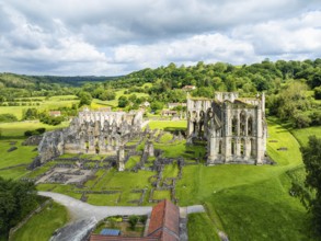 Rievaulx Abbey from a drone, North York Moors National Park, North Yorkshire, England, United