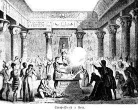 Serapis service in Rome, cult of the gods, sacrifice ceremony, fire, smoke, crowd, interior,
