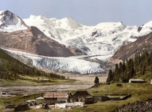 Upper Engadine, Roseg Glacier and Hotel, Graubuenden, Switzerland, Historic, digitally restored