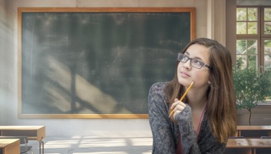 Young female student with pencil in her classroom glancing toward the blank chalkboard ready for