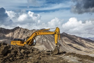 Road construction repair in mountains Himalayas. Ladakh, India, Asia