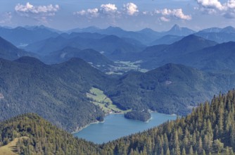 A wide panorama of mountains and valleys with extensive forests under a blue sky with clouds,