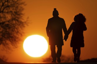 A couple walks along a country lane near Frankfurt am Main at sunset, Frankfurt am Main, Hesse,