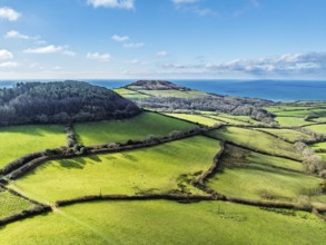 Farms over Road A35 from a drone, Morcombelake Village, Bridport, Dorset, England, United Kingdom,