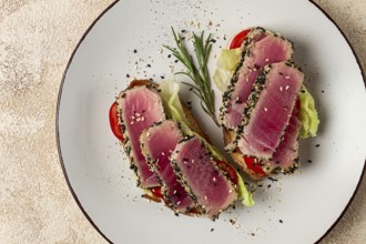 Sandwiches with fried tuna fillet, sesame, breakfast, top view, homemade