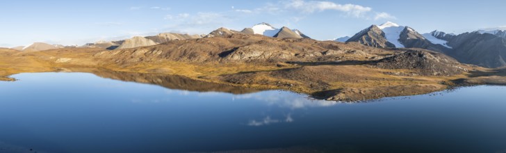 Aerial view, mountain peak and mountain lake, evening mood, Arabel Lake at Arabel Pass, Issyk Kul